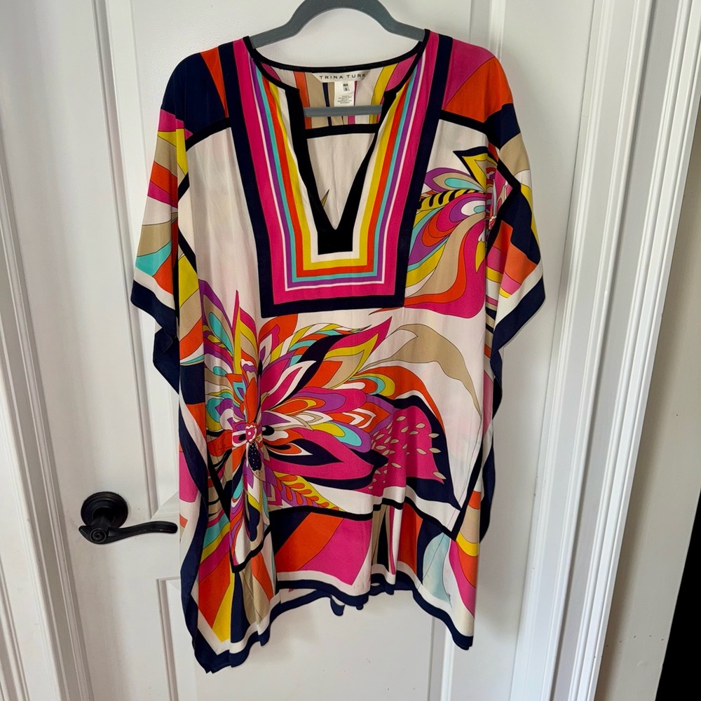Trina Turk Pink and Orange Swim Coverup with Geometric Floral Design